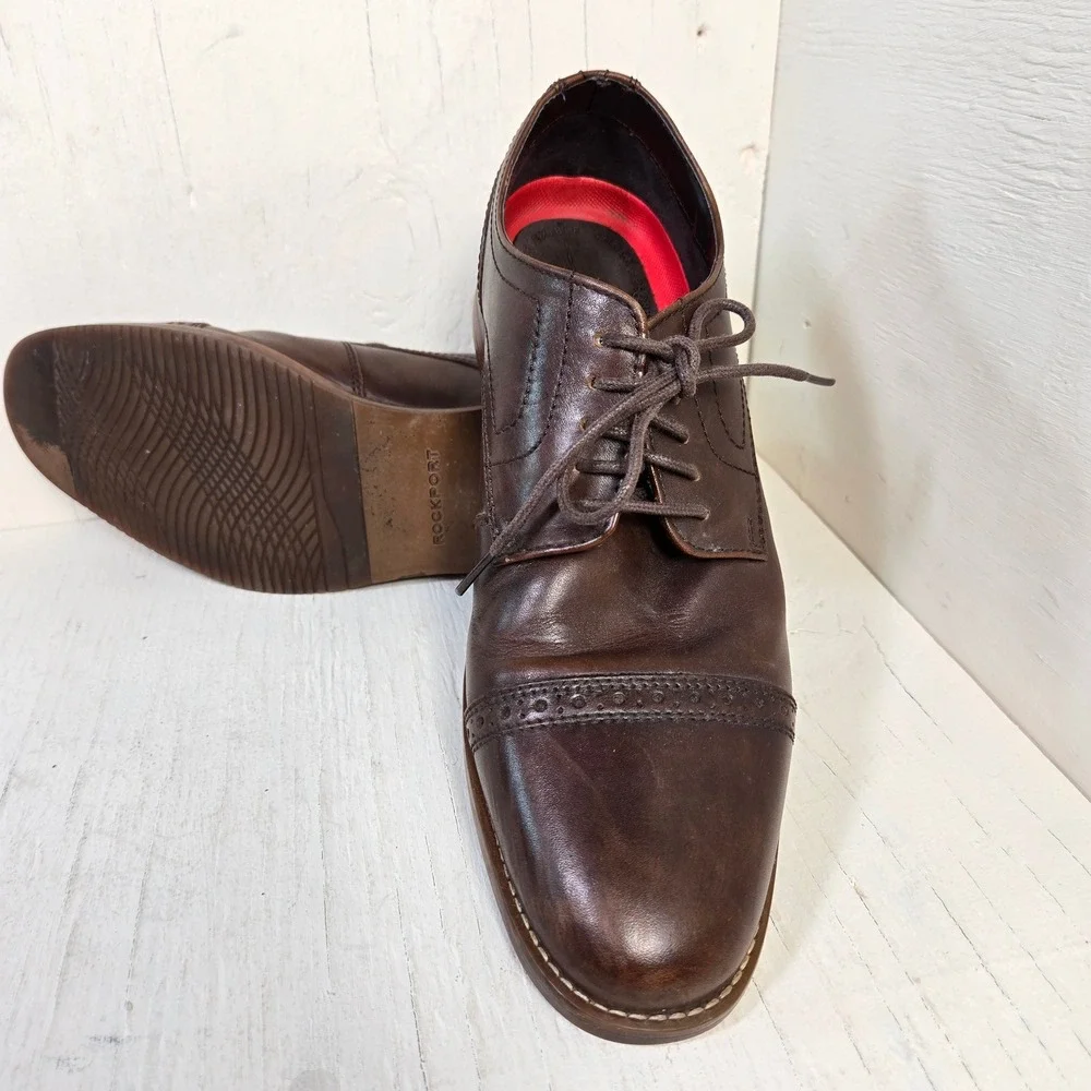 Rockport Walkability Mens Brown Leather Cap Toe Brogue Oxford Dress Shoes Size 8